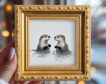 Otter-Paar Original-Ölgemälde, kleine gerahmte Wandkunst, handbemalte Leinwand, Wohnzimmerdekor, Tierkunst, Geschenk für Paar