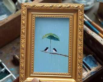 Small Original Birds Pair Oil Painting, Hand Painted Wild Animal, Home Wall Art Decor, Christmas Gift for Couple, 4X6 Gold Frame Artwork