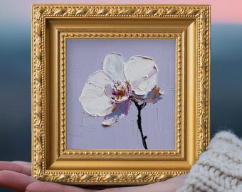 Original White Orchid Oil Painting, Small Botanical Wall Art, Handmade Canvas Artwork, Mother Day Gift Decor
