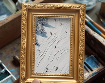 Small Skiers in Snow Oil Painting, Original Landscape Art,  Hand Painted Artwork, Modern Winter Wall Decor, Christmas Gift for Friends