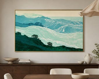 Layered Green Mountains Oil Painting, Original Minimal Landscape, Large Wall Art