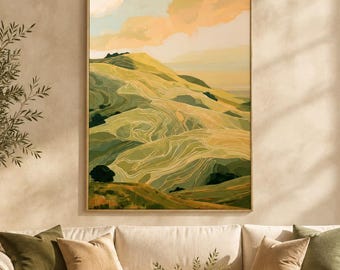 Golden Hills Oil Painting, Original Modern Line Landscape, Large Statement Wall Art
