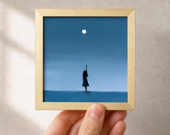 Moonlit Woman Original Small Oil Painting, Framed Moon Art, Calm Home Decor