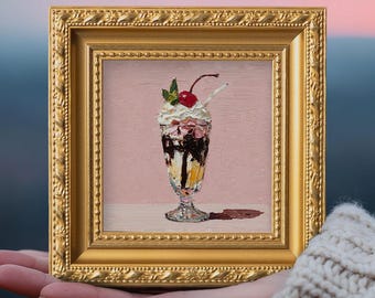 Still life Cherry Sundae Oil Painting, Small Original Hand Painted Food, Mini Gold Framed Artwork, Gift for Foodies, Kitchen Wall Art Decor
