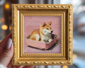 Shiba Inu Original Ölgemälde, Kleiner gerahmter Hund Wandbild, Handgemalte Leinwand, Tier Portrait, Schlafzimmer Dekor, Geschenk für Hundeliebhaber