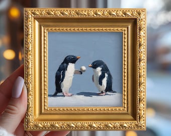 Small Penguin Pair Oil Painting, Mini Hand Painted Original Art, Tiny Arctic Animal Artwork, Gift for Pair, Home Wall Decor