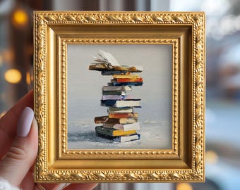 Vintage Books Small Canvas Oil Painting, Original Still Life Scene Literary, Hand Painted Artwork, Book Lover Gift, Study Room Wall Art