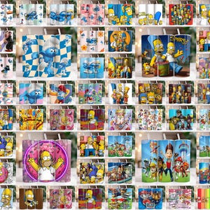 May include: Collection of stainless steel tumblers featuring various cartoon characters, including The Smurfs, The Simpsons, and Paw Patrol. Each tumbler has a straw and a colorful design, perfect for cold beverages.