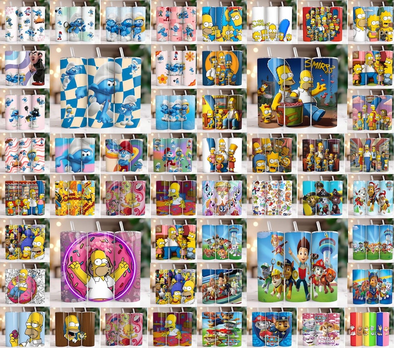 May include: Collection of stainless steel tumblers featuring various cartoon characters, including The Smurfs, The Simpsons, and Paw Patrol. Each tumbler has a straw and a colorful design, perfect for cold beverages.