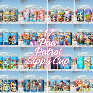 May include: A collection of 17 Paw Patrol sippy cups, each featuring colorful designs of the animated characters. The cups have a silver lid and a straw. The text "Paw Patrol Sippy Cup" is displayed in a cursive font.