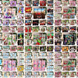 May include: A collection of various insulated tumblers with different designs. The tumblers feature characters from popular movies, holiday themes, and cartoon characters. The tumblers are cylindrical and have a straw.