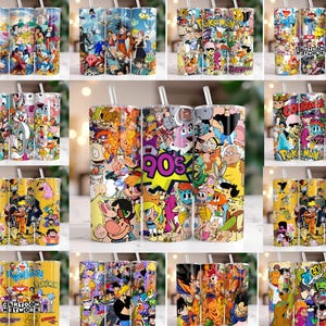May include: A collection of insulated tumblers featuring colorful cartoon character designs. The tumblers showcase various themes, including 90s nostalgia, Cartoon Network, and popular anime. Each tumbler has a white straw.