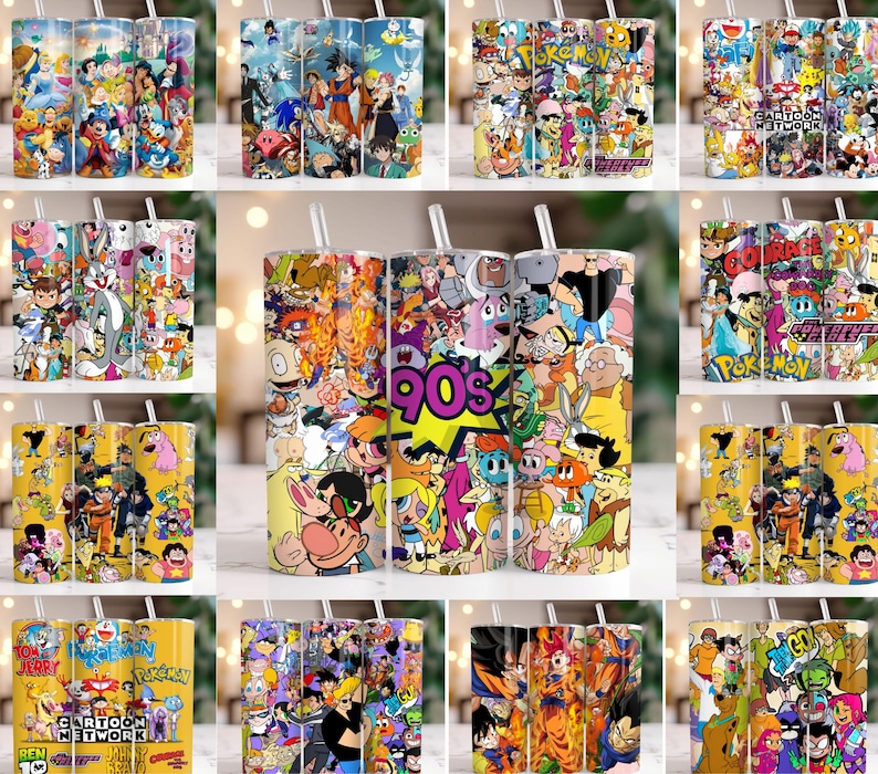 May include: A collection of insulated tumblers featuring colorful cartoon character designs. The tumblers showcase various themes, including 90s nostalgia, Cartoon Network, and popular anime. Each tumbler has a white straw.