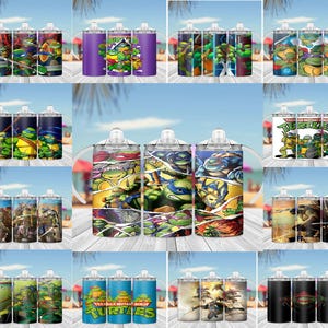 May include: A collection of stainless steel tumblers featuring various designs of the Teenage Mutant Ninja Turtles. The tumblers showcase the turtles in action poses, comic book panels, and the TMNT logo. The color palette includes shades of green, blue, purple, and orange.