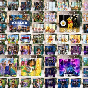 May include: A collection of insulated tumblers with various designs. Themes include Roblox, Winnie the Pooh, Encanto, and Fortnite. The tumblers are cylindrical, with a straw and a variety of colorful graphics.