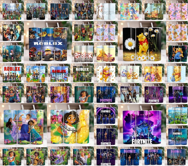 May include: A collection of insulated tumblers with various designs. Themes include Roblox, Winnie the Pooh, Encanto, and Fortnite. The tumblers are cylindrical, with a straw and a variety of colorful graphics.