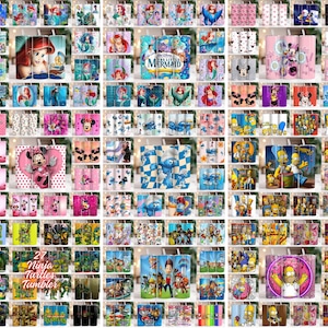 May include: A collection of various 20 oz tumblers featuring cartoon characters and designs. The tumblers showcase characters from Disney's The Little Mermaid, Mickey and Minnie Mouse, The Simpsons, and the Teenage Mutant Ninja Turtles. Each tumbler has a straw.