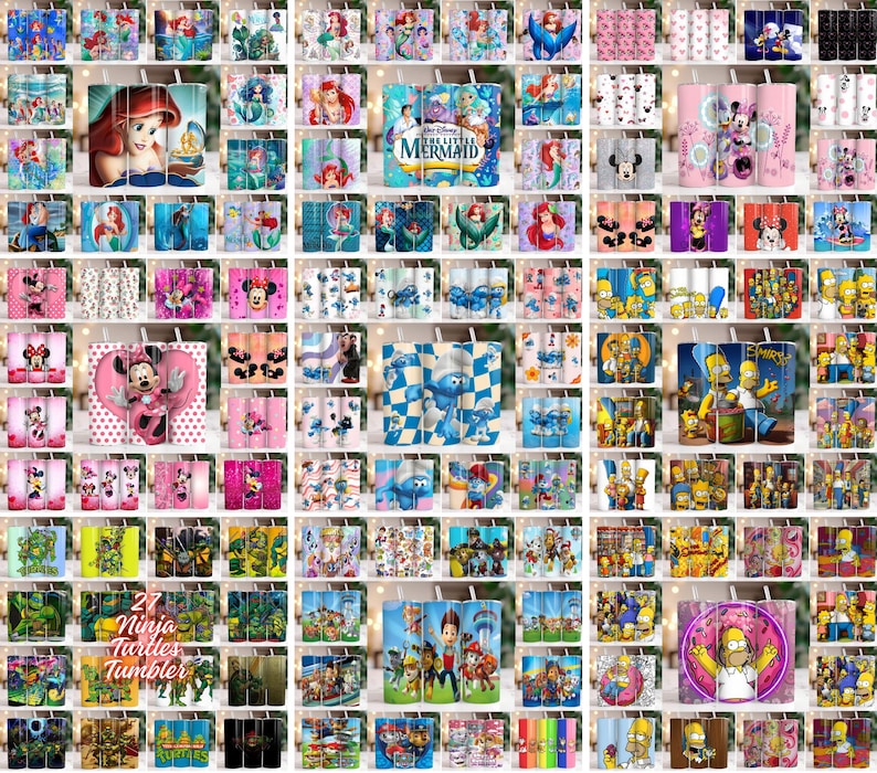 May include: A collection of various 20 oz tumblers featuring cartoon characters and designs. The tumblers showcase characters from Disney's The Little Mermaid, Mickey and Minnie Mouse, The Simpsons, and the Teenage Mutant Ninja Turtles. Each tumbler has a straw.