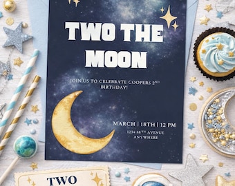 Invitation d'anniversaire sur le thème de l'espace | Faire-part d'anniversaire modifiable | Deux la lune