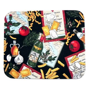 May include: Rectangular placemat with a black background featuring Italian food illustrations. Includes images of pasta, tomatoes, olive oil, garlic, wine bottles, and recipe cards. The placemat has rounded corners.
