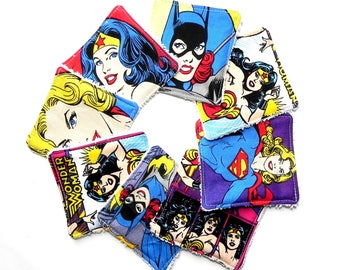 Facial Cleansing Cloth Reusable and Washable Makeup Remover Pads Cotton Rounds Set of 8 Random mix of Women Superheroes fabric Wipes Camping