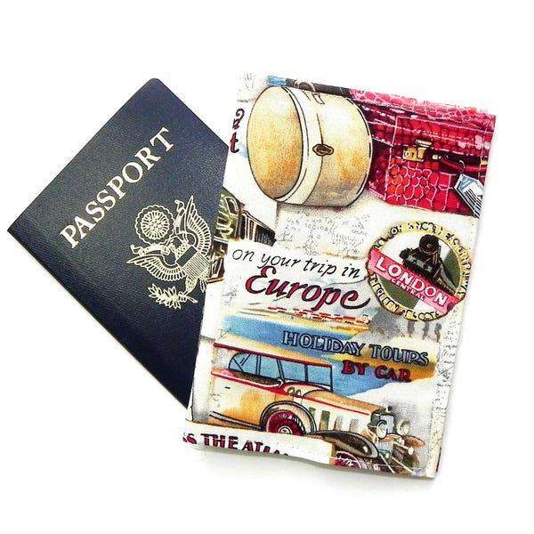 Passport Cover Passport Holder Case Sleeve Voyage en Europe tissu vintage avec train Voiture Bagages Vaccation Voyage Croisière Titanic Ship Ocean