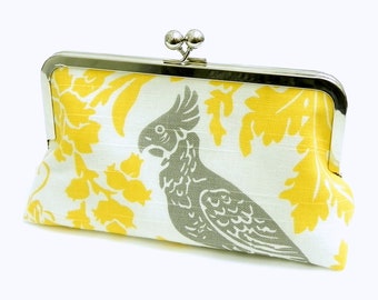 Clutch purse Yellow, white and grey bird - Silver frame party / wedding bag