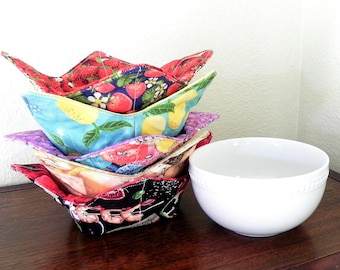 Funda reversible para tazón de microondas, soporte para tazón de sopa y helado, regalo de cocina hecho a mano, divertidos estampados de comida, ideal para profesores, oficinas, chefs, caravanas y camping.