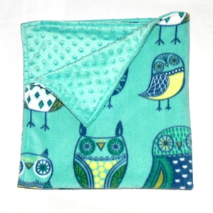 Minky Baby Blanket Owls in Turquoise Blue Teal Yellow Aqua Minky and Fleece Baby Shower gift idea Toddler Crib Car Seat size Newborn Soft