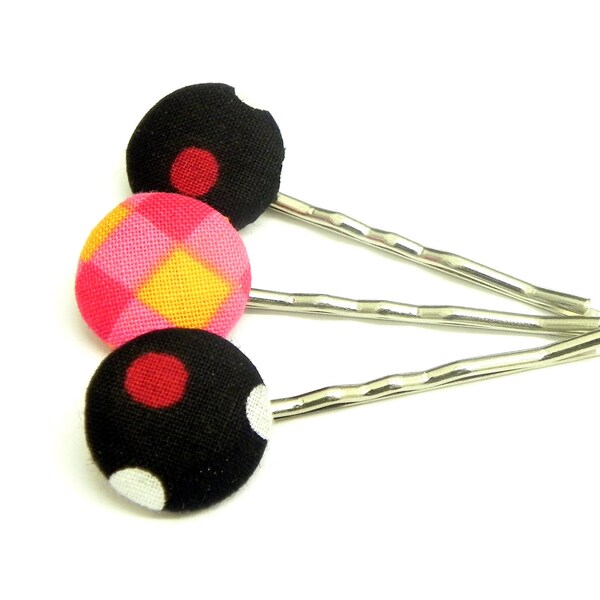 Fabric Bobby Pins - Set of 3 - Pink, orange, black, red and white polka dots