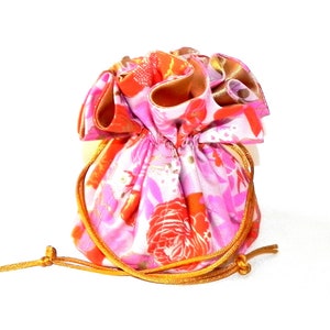 Drawstring Travel Bag Jewelry Organizer Bridal Pouch Pink Red Gold Floral Fabric Gold Satin Wedding Bridesmaids Essential Oils storage bag