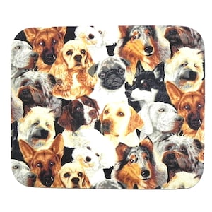 May include: A colourful fabric featuring a variety of dog breeds, including a pug, a golden retriever, a German Shepherd, and a Collie. The fabric is perfect for crafting projects, such as cushions, tote bags, and quilts.
