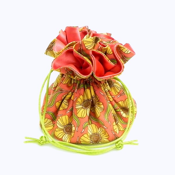 Drawstring Jewelry Pouch -  Coral, yellow and green floral travel bag