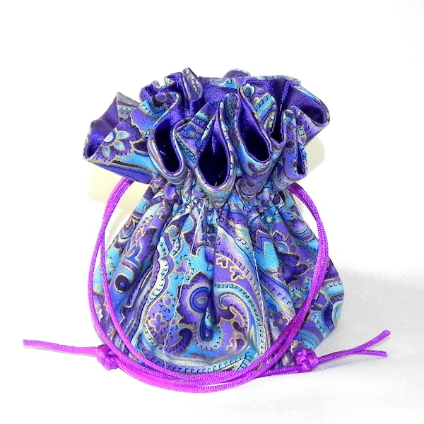 Drawstring Travel Bag Jewelry Organizer Bridal Pouch Purple Blue Paisley Fabric Green Satin Wedding Bridesmaids Essential Oils storage bag