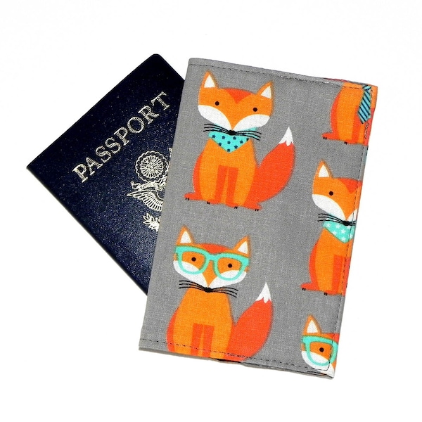 Passport Cover Fox Hat Ties Orange and Grey fabric Passport Holder Gift for Foxes lovers Travel Case accesory Vacation Trip Cruise Wallet