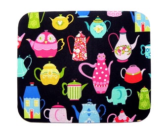 Mouse Pad Fabric Mousepad Tea Pots in pink blue red green turquoise yellow and black  Home office Computer Electronic Coworkers Gift Geek