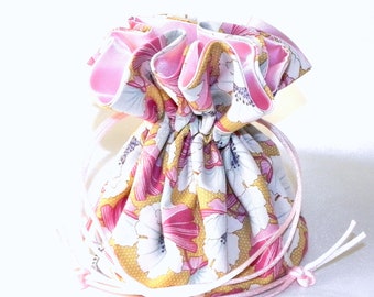 Drawstring Travel Bag Jewelry Organizer Bridal Pouch Pink White Mustard floral fabric Pink Satin Wedding Bridesmaids Essential Oils storage