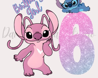 Angel And Stitch Birthday Girl PNG, 6th Birthday Shirt Design (Instant Download)