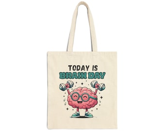 Bolso de tela "Hoy es el Día del Cerebro" / Ilustración de un cerebro musculoso y divertido, humor sobre fitness.