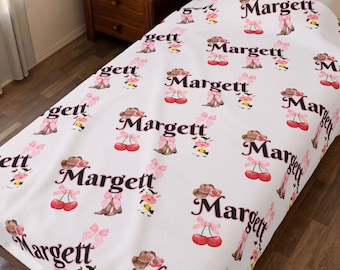 Personalized Velveteen Plush Blanket, Pink Floral Teddy Cowgirl Print