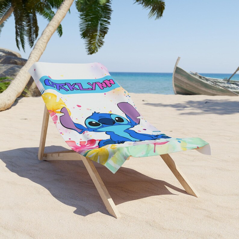 Personalized Stitch Beach Towel for Kids, Custom Name Beach Towel, Boys Pool Towel, Summer Vacation Gift for Children image 2