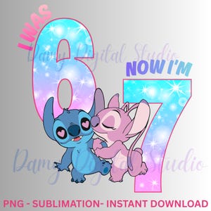 Stitch Angel födelsedagsflicka PNG | Jag var 6, nu är jag 7 | Sublimeringsdesign (digital nedladdning)