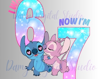 Stitch Angel Birthday Girl PNG / Tenía 6 años, ahora tengo 7 / Diseño para sublimación (descarga digital)