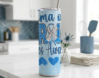 Mama of a Warrior Tumbler 20oz, Diabetes Awareness Gift for Mom, Type 1 Diabetes Mom Cup, Blue Ribbon Skinny Tumbler, T1D Mom Gift