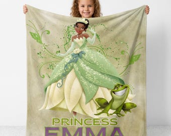 Manta de felpa de terciopelo con ilustración de la princesa Tiana / Nombre personalizado