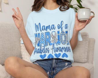 Mama of a Warrior Shirt, T1D Mom Shirt, Type 1 Diabetes Awareness Tee, Blue Ribbon Support Shirt, Diabetic Mom Gift, Comfort Colors Shirt