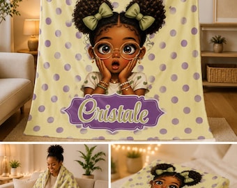 Manta personalizada de princesa para niña negra, manta de terciopelo verde salvia con lunares.