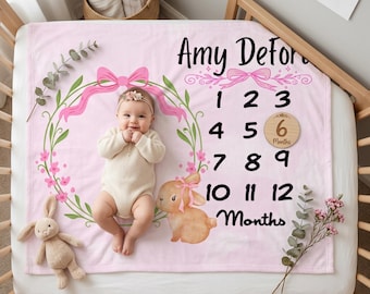 Manta personalizada de terciopelo con diseño de conejito para conmemorar hitos del bebé / Accesorio para fotos mensuales del bebé / Captura cada precioso mes del primer año del bebé