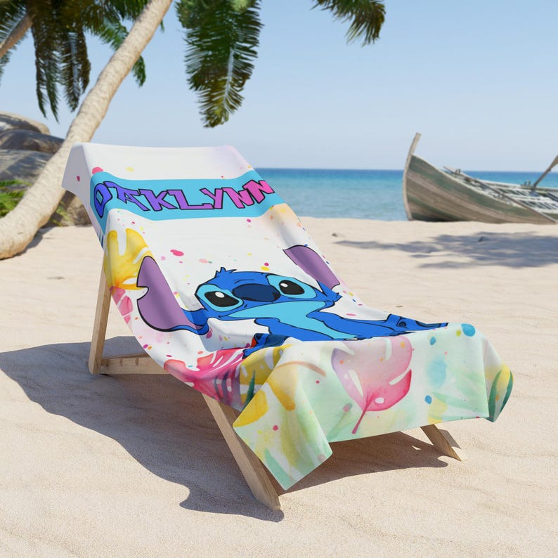 Personalized Stitch Beach Towel for Kids, Custom Name Beach Towel, Boys Pool Towel, Summer Vacation Gift for Children image 5