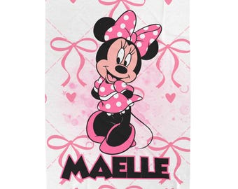 Manta personalizada inspirada en Minnie, manta infantil con lazo rosa, peluche infantil personalizado.